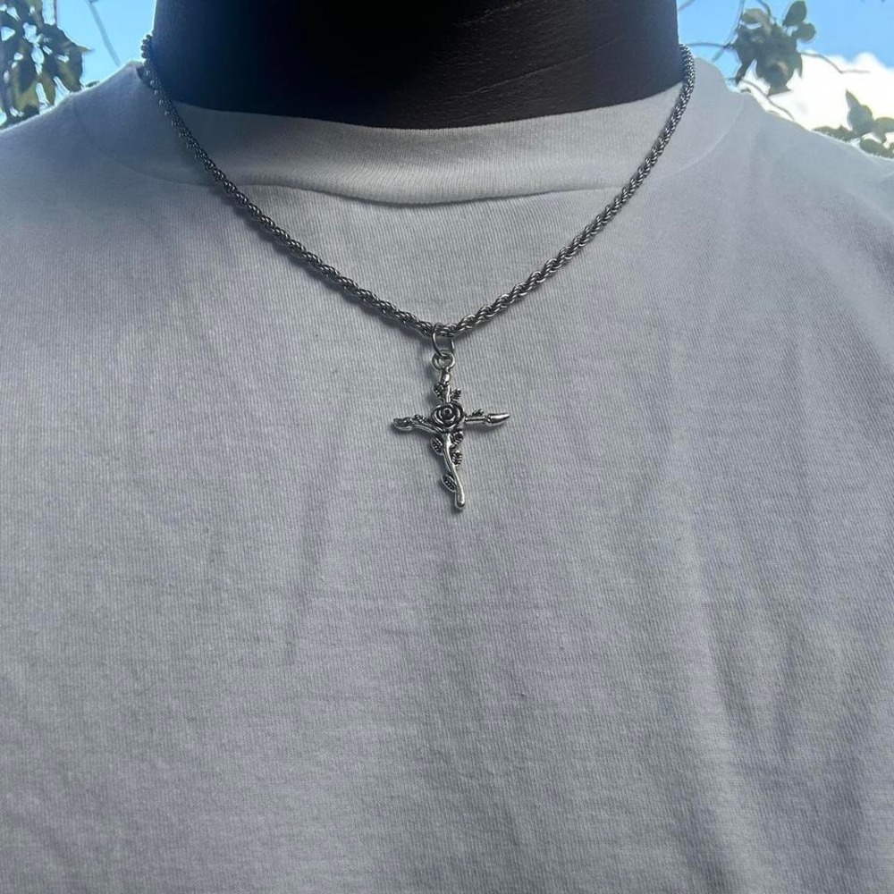 Vintage stainless steel rose cross pendant